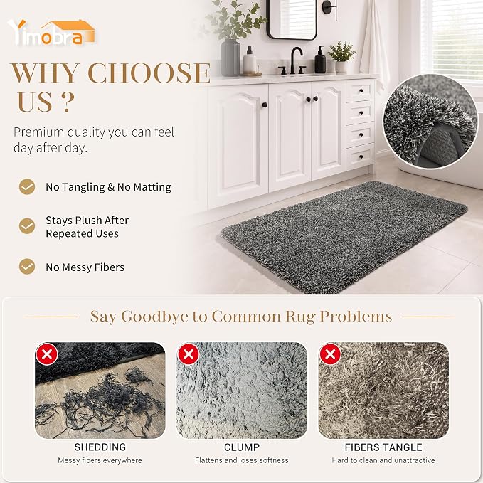 Yimobra Luxury Bathroom Rugs, Fluffy Bath Mats, Non Slip, Water Absorbent Microfiber, Machine Washable, Plush Shower Rugs, Thick Matts for Bathroom Floor/Tub, 44" X 24", Light Gray and Black Gray