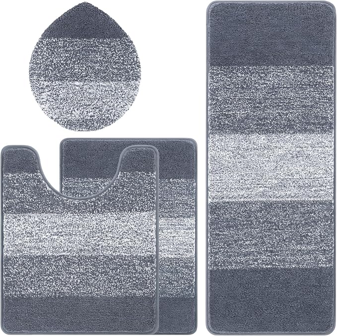 Bsmathom Bathroom Rug Set 4 Piece, Plush Microfiber Bath Mat, Dark Gray | Extra Water Absorbent, Non Slip Washable Runner Bath Rugs with Toilet Lid Cover and U-shaped Contour Toilet Mat