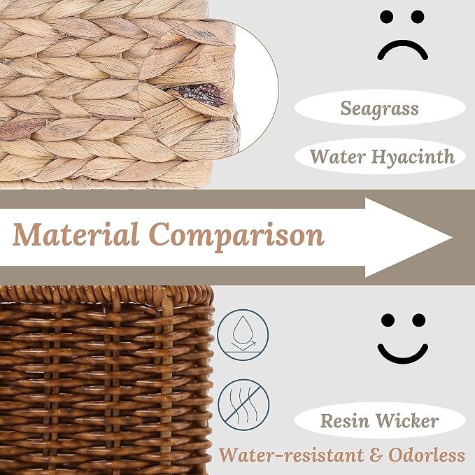 WeeNest Baskets for Organizing, Small Wicker, Storage Bins for Bathroom and Toilet Paper Rolls, Hand Woven Tank Topper with Handle, Set of 2, Toffee