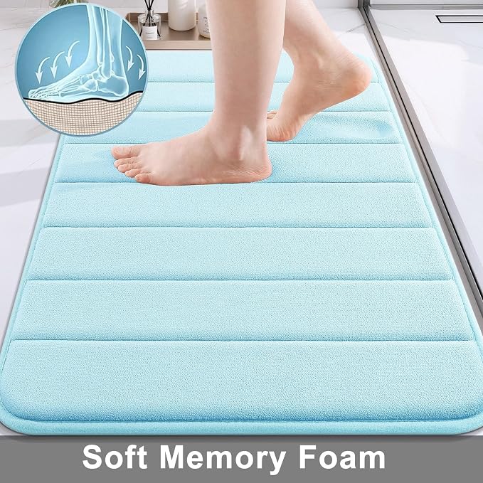 Buganda Memory Foam Bath Mat 34 x 20, Ultra Soft Absorbent Bathroom Rugs | Light Blue, Machine Washable Quick Dry Bath Mats for Bathroom Floor, Shower and Tub, Home Decor Accessories