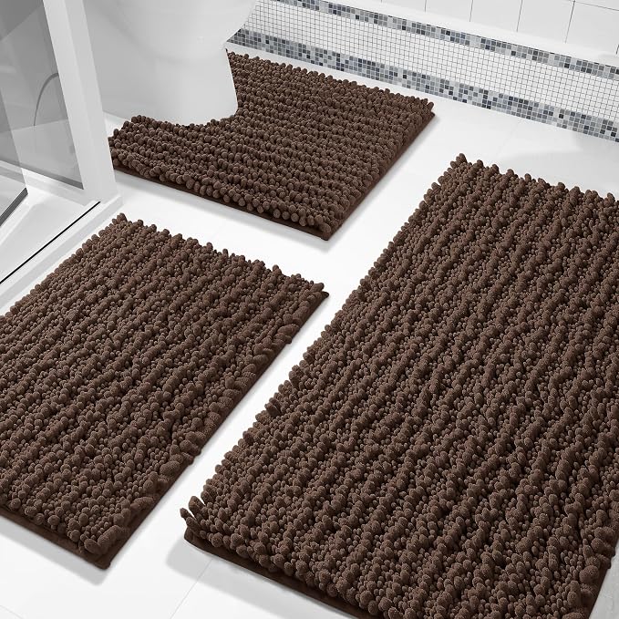 Yimobra Brown Bathroom Rug Set 3 Piece, Super Water Absorbent Bath Mat Set | Quick Dry Soft Chenille Bath Rugs & Toilet Rug, Non Slip Machine Washable, Extra Thick Shaggy Floor Mat for Shower Tub Sink