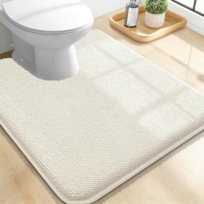 OLANLY Memory Foam Bathroom Toilet Rug U-Shaped 24x20, Absorbent Mat, Ivory | Soft Quick Dry Bath Rugs, Non-Slip Carpet, Machine Washable Mat for Bathroom Floor, Tub and Shower, Home Decor Accessories