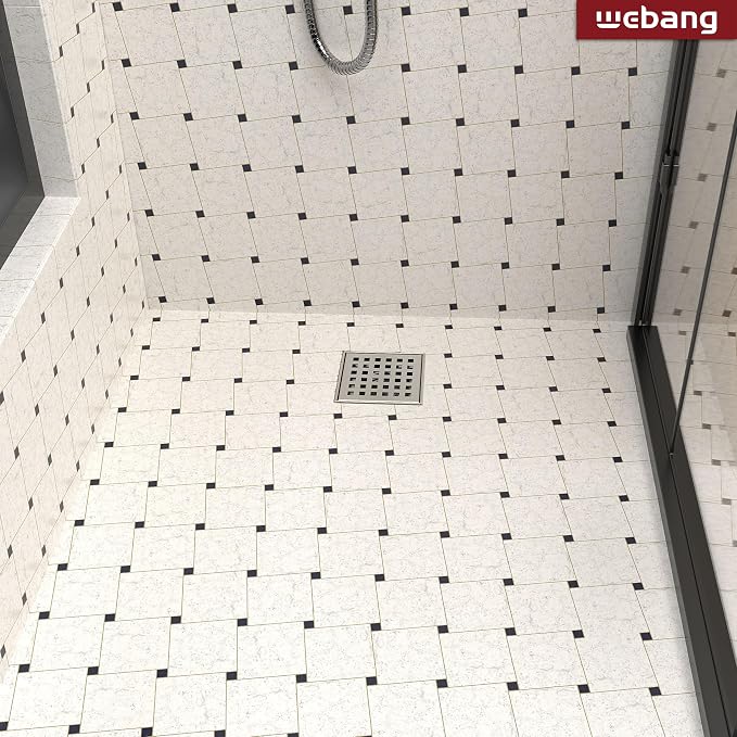 WEBANG 4 Inch Square Shower Drain Nickel Floor Drain with Flange Square Holes Pattern Cover Grate Removable SUS304 Stainless Steel Watermark&CUPC Certified Brushed Nickel