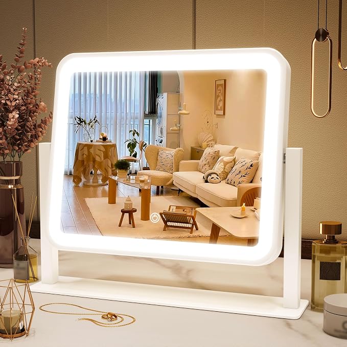 FENNIO Vanity Mirror with Lights 16"×13" Makeup Mirror with Lights,Lighted Vanity Mirror Tabletop,Smart Touch with 3-Color Lighting,Dimmable,for Vanity Desk Tabletop