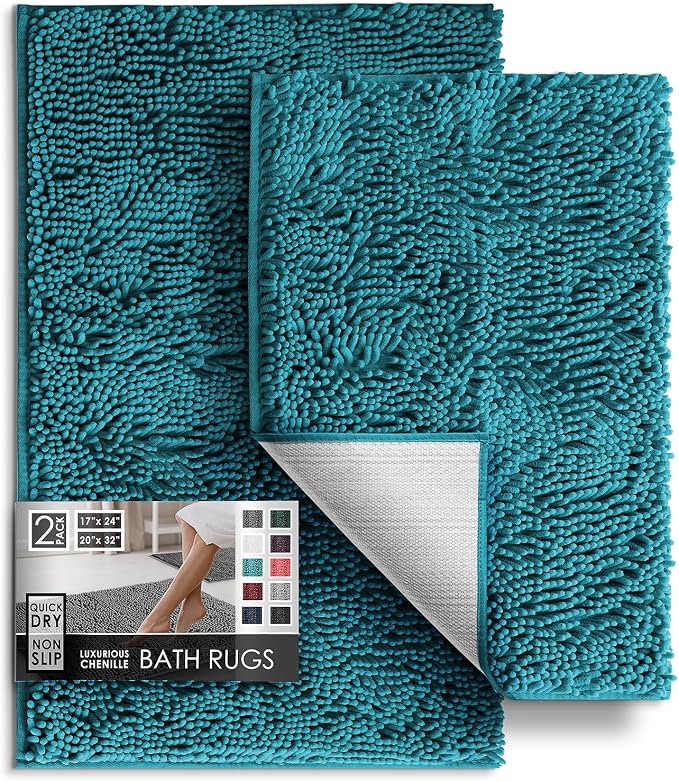 Hearth & Harbor Bathroom Rugs, Chenille Bath Mat - Machine Washable Bath Mats for Bathroom Non-Slip Backing Rubber, Quick Dry Bathroom Mat