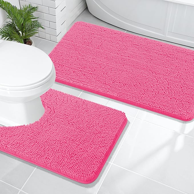 OLANLY Chenille Bathroom Rugs Mats Sets 2 Piece, 47"x20"+24"x20", Hot Pink | Soft Absorbent Bath Mat and U-Shaped Contour Toilet Rug Set, Quick Dry, Machine Washable Bath Carpet, Home Decor Accessories