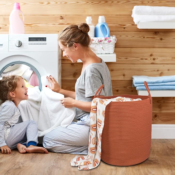 XUANGUO Cotton Rope Laundry Basket Hamper for Clothes Woven Storage Basket for Living Room Bedroom Boho Tall Rope Baskets for Blanket Toys Pillow Towels Baby Nursery Hamper Bin Large rust red
