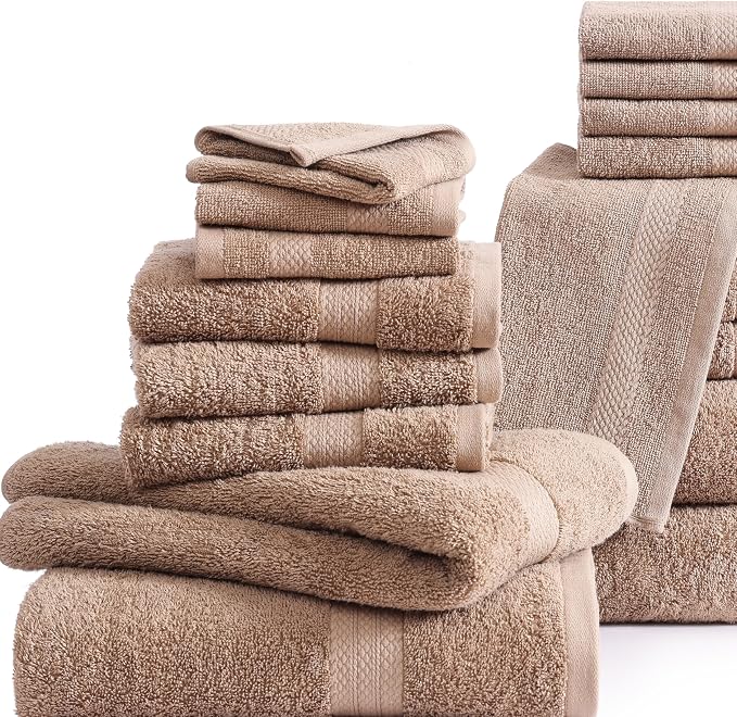 LANE LINEN Towel Set Quick Dry 100% Cotton 18 Piece Soft Absorbent - Taupe | Towels And Washcloths - Ring-Spun Durability, Terry Weave Comfort, Soft & Long-Lasting, Easy-Care