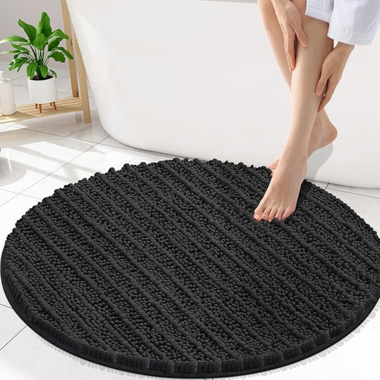 Smiry Bathroom Rugs Round 30X30, Extra Soft Rubber Backing Bath Mats | Black Machine Washable Non Slip Quick Dry Bath Mats for Bathroom Floor, Tub, Shower, Home Decor Accessories