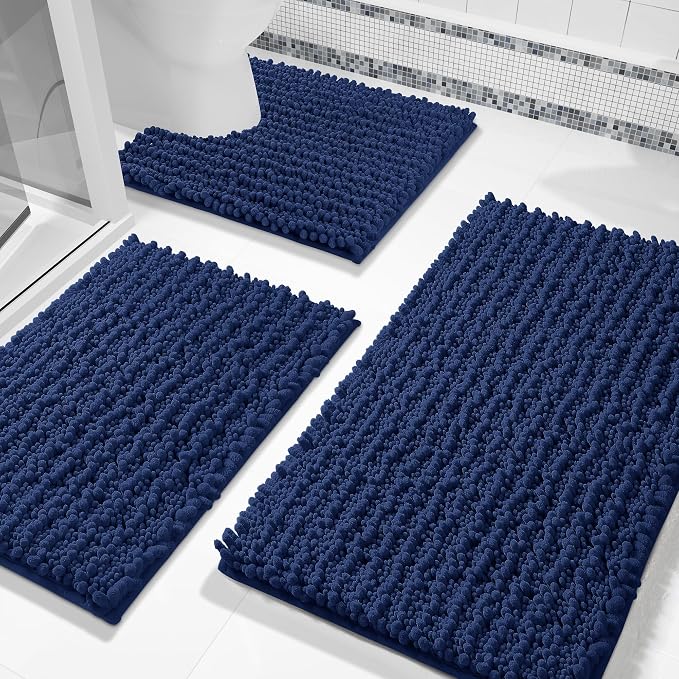 Yimobra Bathroom Rug Set 3 Piece, Super Absorbent Bath Mat Set, Navy Blue | Quick Dry Soft Chenille Bath Rugs & Toilet Rug, Non Slip Machine Washable, Extra Thick Shaggy Floor Mat for Shower Tub Sink