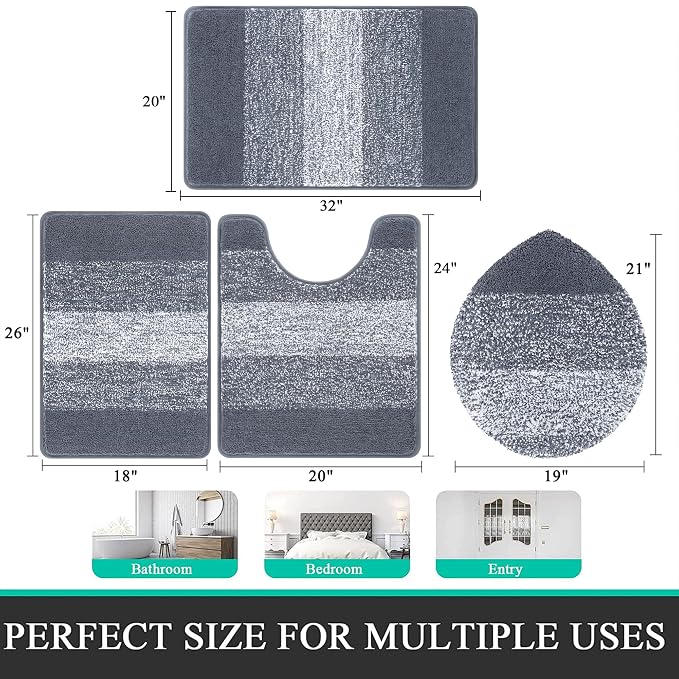 Bsmathom Bathroom Rug Set 4 Piece, Plush Microfiber Bath Mat, Dark Grey | Super Water Absorbent, Non Slip Machine Washable Bath Rug Sets with Toilet Lid Cover and U-shaped Contour Toilet Mat