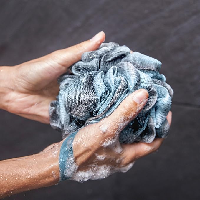 Toem® Loofah Back Scrubber for Shower | Bamboo Charcoal | Long Handle | Luffa & loofa for men & women | Bath sponge | Kit: long-handled scrubber + pouf + hook | Body wash scrub stick | Sky Blue