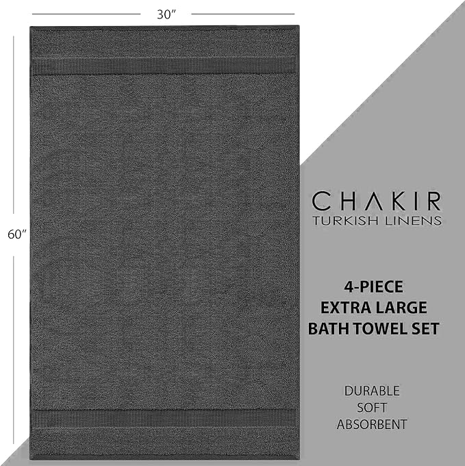 Chakir Turkish Linens 100% Cotton 4-Pack Bath Towels 30x60, Dark Gray | 100% cotton bath towels, 30x60 extra large, OEKO-TEX certified, soft plush and absorbent