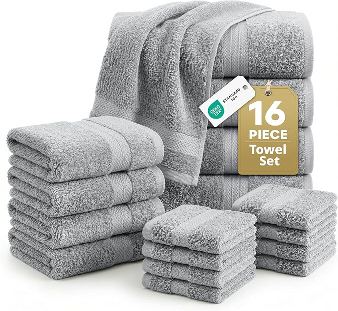LANE LINEN Towel Set Soft Absorbent Quick Dry 100% Cotton 16 Piece - Grey | Cotton Bath Towels - Lightweight & Breathable, Fade-Resistant Color, Classic Terry Weave, Densely Woven & Durable