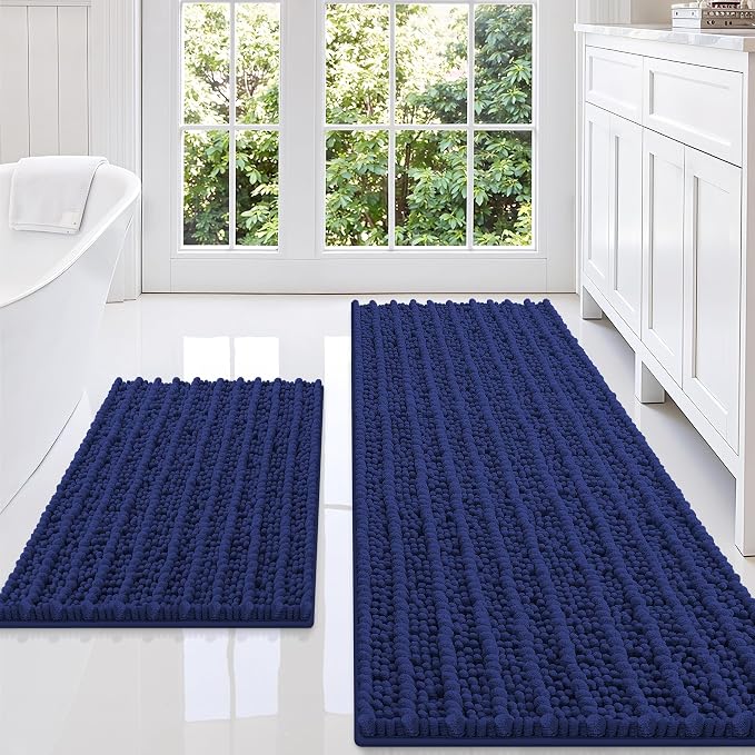 Smiry Bathroom Rugs Sets 2 Piece (47x20+30x20), Extra Soft Bath Mats | Navy Blue Soft Absorbent, Rubber Backing Machine Washable Quick Dry Chenille Bath Rug Set for Tub, Shower, and Floor