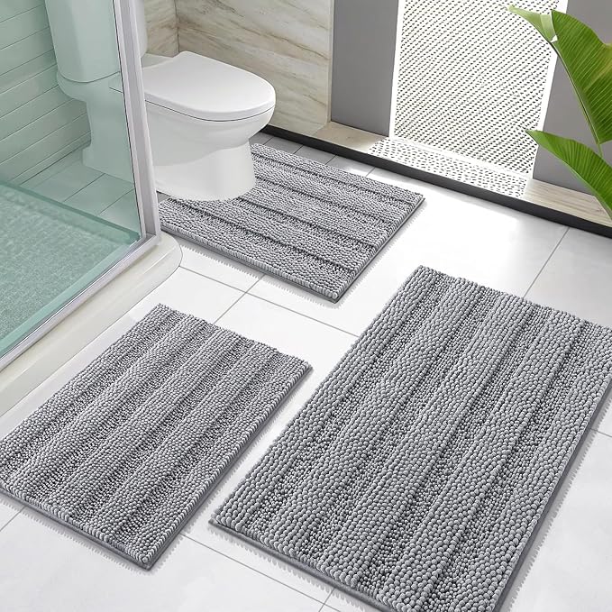 OLANLY Thick Chenille Bathroom Rugs Sets 3 Piece, 30"x20"+24"x16"+24"x20" | Grey, Absorbent Striped Bath Mats and U-Shaped Contour Toilet Rug, Home Decor Accessories, Bath Mat Set for Bathroom