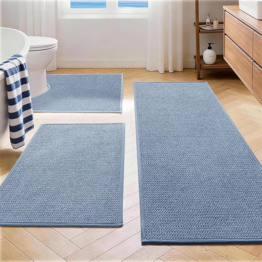 Navy Blue Bathroom Rugs Sets 3 Piece, Quick Dry Thin Bath Mat with Toilet Rug, Non Slip Absorbent Machine Washable, Bath Runner Rugs for Bathtub Sink Home Decor