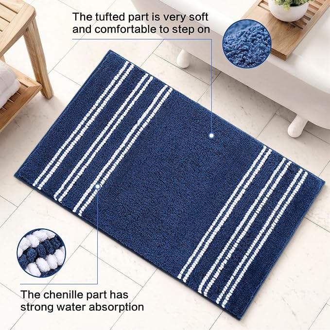 Kmson Bathroom Rugs Mat, 20"x32" Ultra Soft Washable Shaggy Chenille Bath Rugs, Non-Slip Fluffy Thick Water Absorbent Microfiber Mat for Bathtub, Sink and Shower, Navy Blue