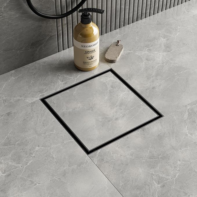 Neodrain Square Shower Drain with Removable Tile Insert Grate,304 Stainless Steel, CUPC Certified, Includes Hair Strainer (Matte Black, 8 in)