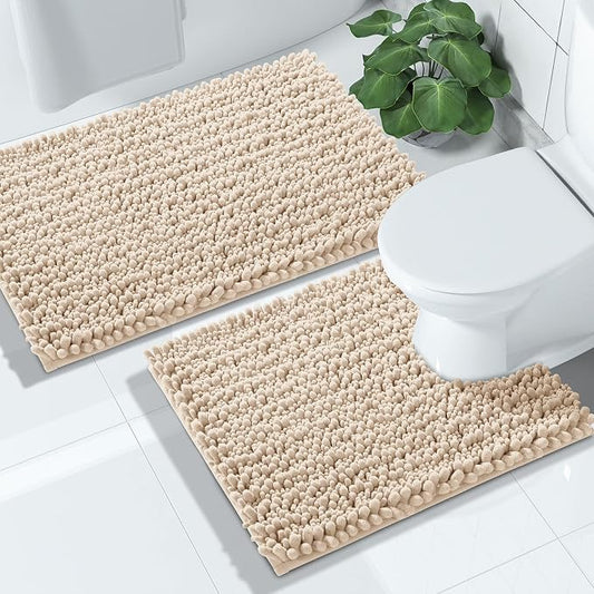 Yimobra Bathroom Rugs Sets 2 Piece - Quick Dry Extra Thick Luxury Chenille Bath Mat, Non Slip Super Absorbent for Tub Shower Sink, Machine Washable Shaggy Floor Mat, 32"x20"+24"x20" Inch, Light Brown
