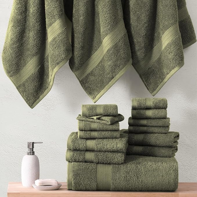 LANE LINEN Large Bath Towel Set Absorbent Quick Dry 100% Cotton - Oil Green | Cotton Towels - Fade-Resistant Color, Classic Terry Weave, Densely Woven & Durable, Easy-Care, Coordinated Colors