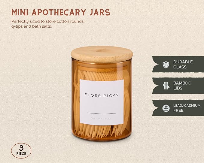 Mini Glass Apothecary Jars with Bamboo Lids, Small Bathroom and Kitchen Storage Containers, For Cotton Balls, Pads and Swabs, 10 oz, Set of 3 (Amber)