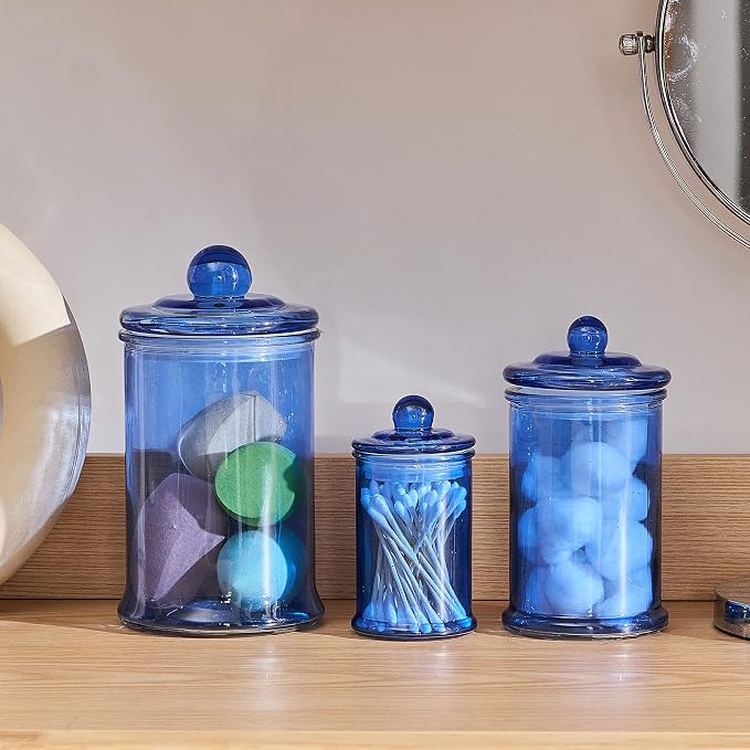 3PCs Set Small Glass Premium Quality Apothecary Jars with lids Bathroom Accessories Set for Laundry Room Storage Kitchen/Vanity Organizer Canisters for Cotton Balls, Sponges,Q-Tips(Blue jar)