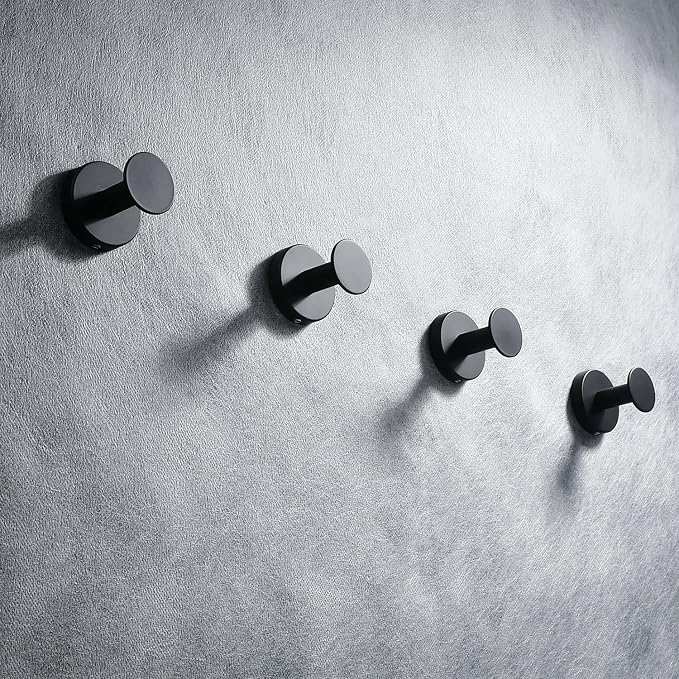 NEWRAIN Towel Hooks, 4 Pack Towel Holder for Bathroom Wall, Cabinet Closet Door, Kitchen, Bedroom, Hotel - Modern Design Effortless Mounting Towel Hangers, Robe Hook Matte Black