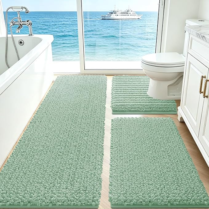 ACCUMTEK Upgrade Extra Large Sage Bathroom Rug Set 3 Pieces Ultra Soft, Thick Absorbent Bath Mats, Non Slip Chenille Toilet Mat for Bathroom, Bedroom, Kitchen, Mint