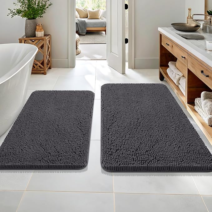 OLANLY Chenille Bathroom Rugs Mats Sets 2 Piece, 36"x24"+30"x20", Dark Grey | Ultra Soft Absorbent Bath Rugs Set, Rubber Backing Non-Slip, Quick Dry, Machine Washable Bath Carpet, Home Decor Accessories
