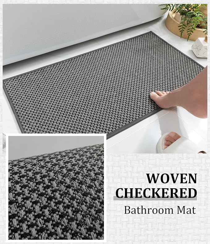 YIHOUSE Thin Bath Mat Dark Grey Bathroom Rugs Sets 3 Pieces, Non Slip Absorbent Bath Mats Quick Dry, Woven Braided Rugs Washable, Rubber Tapetes para Baño for Bathroom Toliet,Bathtub