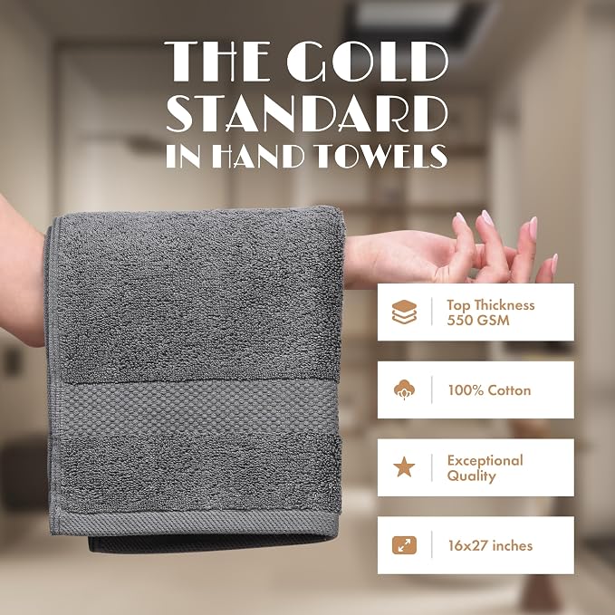 White Classic Gray Hand Towels for Bathroom [12 Pack] Cotton Hand Towel Bulk for Gym, Kitchen and Spa, 16x27 Inches Soft Highly Absorbent Quick Dry Terry Salon Towels