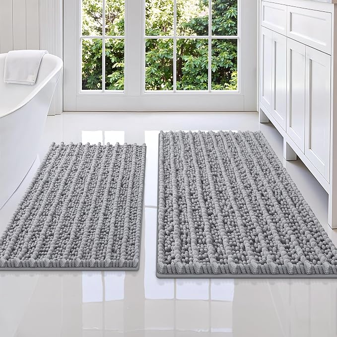 Smiry Bathroom Rugs Sets 2 Piece (36x24+30x20), Extra Soft Bath Mats | Grey Soft Absorbent, Rubber Backing Machine Washable Quick Dry Chenille Bath Rug Set for Tub, Shower, and Floor