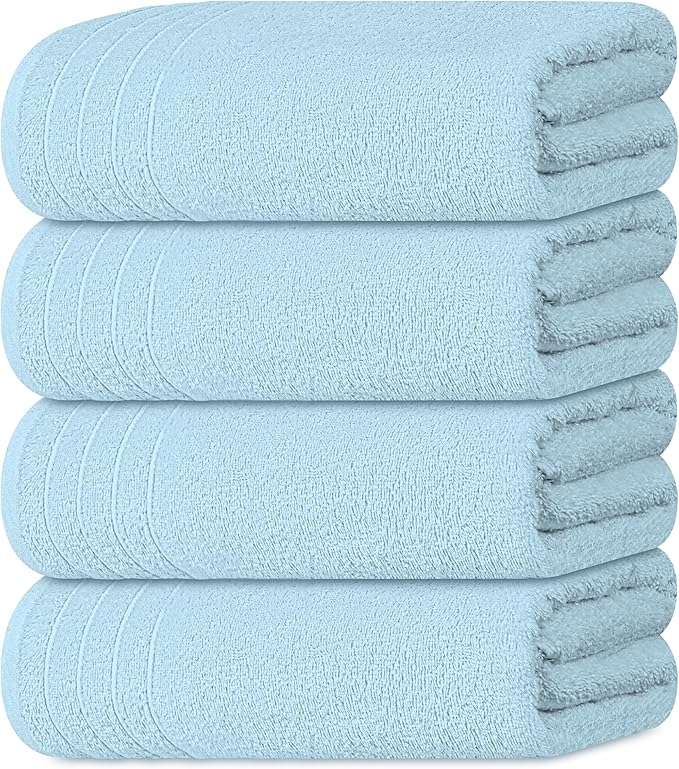 4 Piece Extra Large Bath Towels 30 x 60 Inches, Sky Blue | 100% Cotton, Larger & Lighter Weight, Quicker to Dry, Super Soft and Absorbent, Perfect for Bathroom