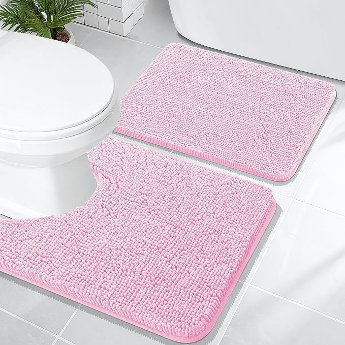 OLANLY Chenille Bathroom Rugs Mats Sets 2 Piece, 24"x16"+24"x20", Pink | Soft Absorbent Bath Mat and U-Shaped Contour Toilet Rug Set, Quick Dry, Machine Washable Bath Carpet, Home Decor Accessories