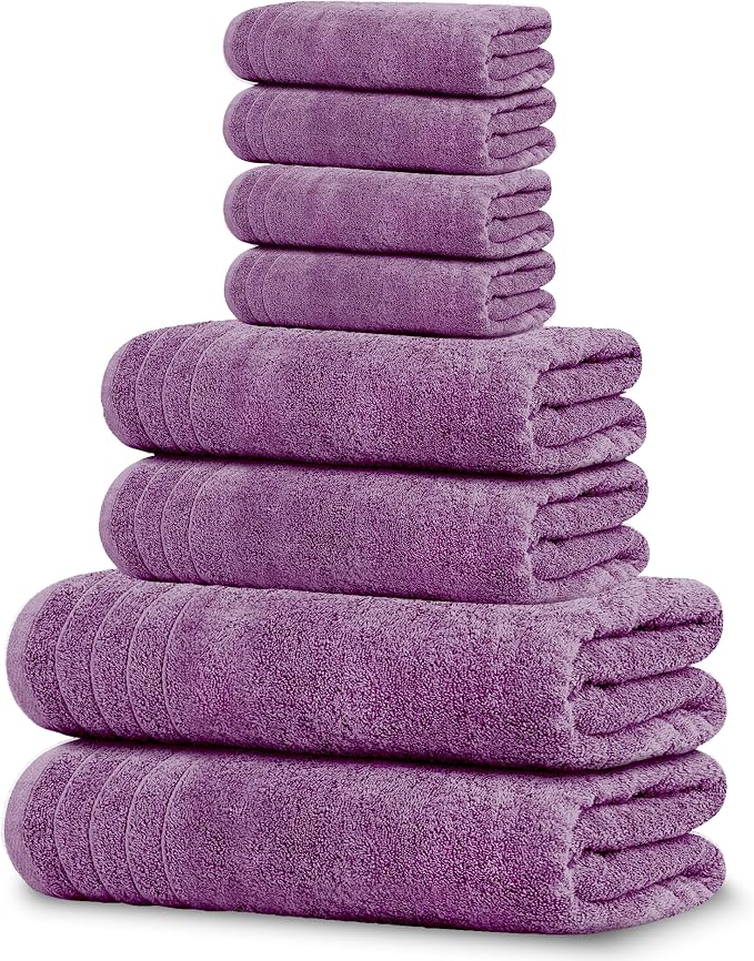 8 Piece Towel Set, 2 XL Bath, 2 Hand, 4 Washcloth, Purple | 100% Cotton, Lighter Weight, Quicker to Dry, Super Absorbent, Perfect for Bathroom