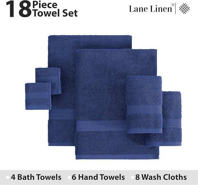 LANE LINEN Bathroom Towel Set 18 Piece Soft Absorbent Quick Dry - Navy | Set Of Towels - Easy-Care, Coordinated Colors, OEKO-TEX Certified, Ring-Spun Durability