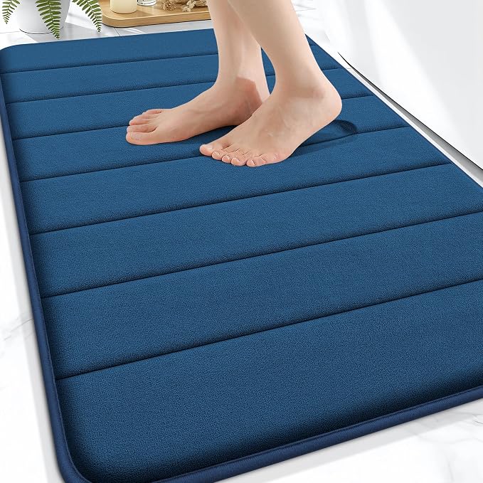 OLANLY Memory Foam Bath Mat 34x21, Super Soft and Absorbent Bathroom Rugs | Navy Blue, Quick Dry Bath Rug, Machine Washable Shower Floor Mats, Bathmat Carpet for Bathroom Floor, Tub and Shower