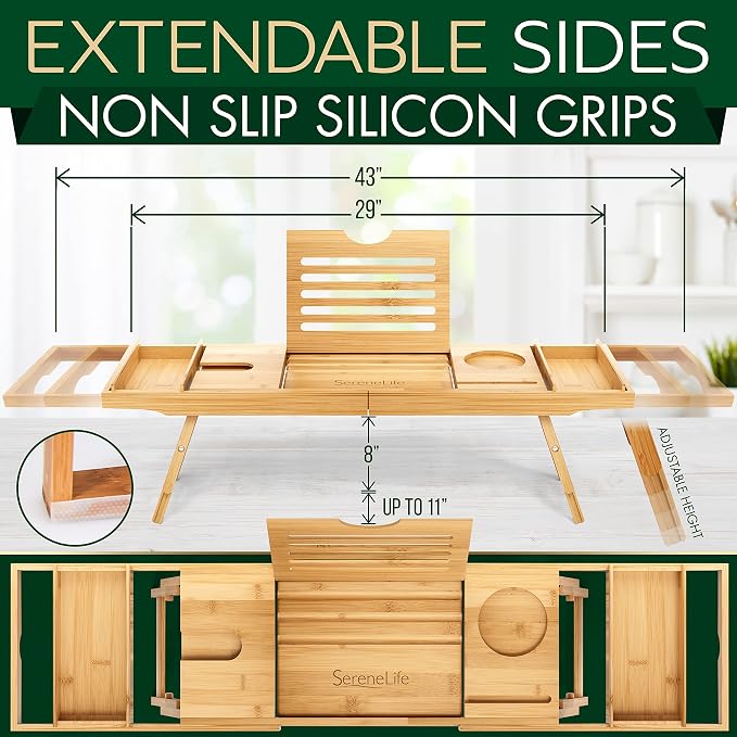 SereneLife Bath Caddy Breakfast Tray Combo - Natural Bamboo Wood Waterproof Tub and Bed with Folding Slide-Out Arms, Device Grooves, Wine Glass Soap Holder
