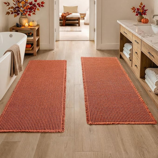 MIULEE Fall Orange Set of 2 Waffle Bathroom Runner Rugs 2'x6'(24"x72") | Non Slip, Super Absorbent, Washable, Ultra Soft, Boho Bath Mats for Bathroom Hallway Bedroom Laundry Room Kitchen