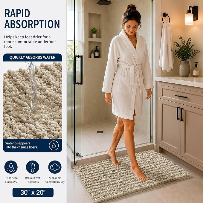 Yimobra Bathroom Rug Set 3 Piece, Super Water Absorbent Bath Mat Set, Camel | Quick Dry Soft Chenille Bath Rugs & Toilet Rug, Non Slip Machine Washable, Extra Thick Shaggy Floor Mat for Shower Tub Sink