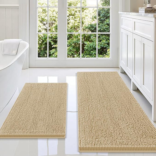 Smiry Chenille Bathroom Rugs Sets 2 Piece (59x20+30x20, Beige) | Soft Absorbent Machine Washable Non Slip Shaggy Bath Rug Set for Tub, Shower, and Floor, Home Decor
