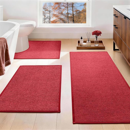 Red Bathroom Rugs Sets 3 Piece, Quick Dry Thin Bath Mat with Toilet Rug, Non Slip Absorbent Machine Washable, Bath Runner Rugs for Bathtub Sink Home Decor