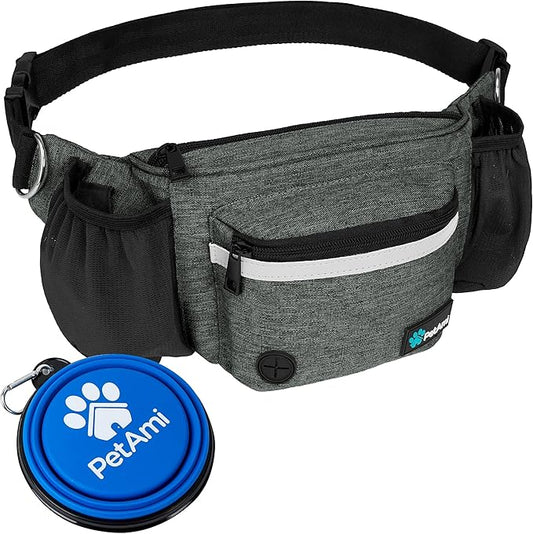 PetAmi Dog Fanny Pack, Treat Pouch for Dog Walking Training, Dark Gray | Built in Poop Bag Dispenser, Water Bottle Holder, Collapsible Bowl, Pet Treat Waist Belt for Hiking Running Kibbles