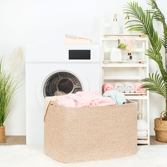 MINTWOOD Design 112L Extra Large Blanket Basket Holder Living Room, 25"x17"x16" Rectangle Rope Woven Storage Basket with Handles for Laundry, Towels, Shoes, Dog Toy Organizer Bin Box, Oatmeal Brown