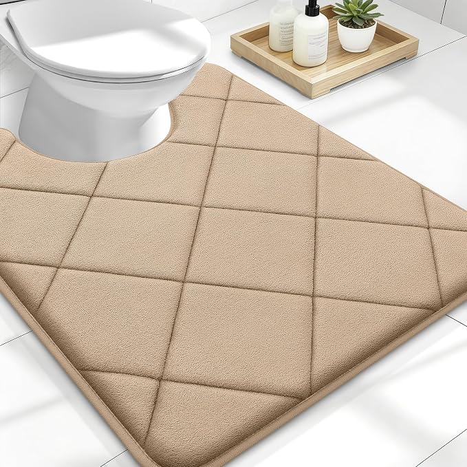 OLANLY Memory Foam Toilet Rugs U-Shaped 24x20, Ultra Soft and Absorbent | Tan, Quick Dry Commode Contour Rugs, Machine Washable, Comfortable Bathroom Contour Bath Mats for Toilet Base