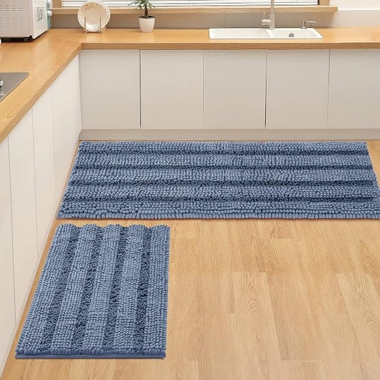 Non Slip Thick Shaggy Chenille Bathroom Rug Sets 2 Piece, Thickened Hot Melt Rubber Bottom Bath Mats for Bathroom, Bath Rugs Quick Dry Machine Washable for Shower (Dusty Blue, 47"x17" Plus 17"x24")