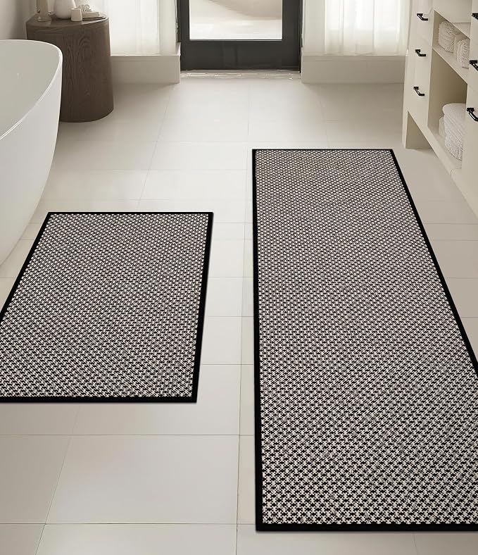 YIHOUSE Thin Bath Mat Black Bathroom Rugs Sets 2 Pieces, Non Slip Absorbent Mats Quick Dry, Woven Rugs Washable, Tapetes para Baño for Bathroom Toliet,Bathtub(17"x24"+17"x47")