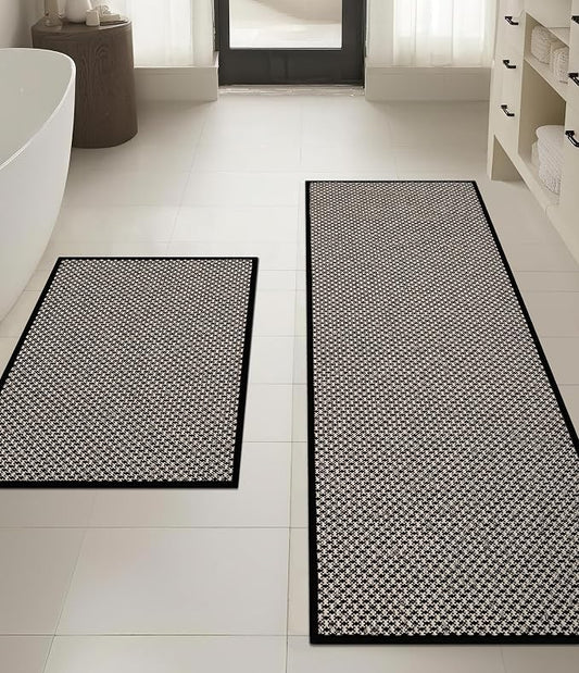 YIHOUSE Thin Bath Mat Black Bathroom Rugs Sets 2 Pieces, Non Slip Absorbent Mats Quick Dry, Woven Rugs Washable, Tapetes para Baño for Bathroom Toliet,Bathtub(17"x24"+17"x47")