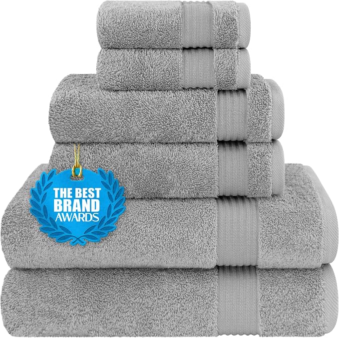 Cotton Paradise 100% Cotton Turkish Towel Set, Soft Absorbent Quick Dry, 6 Piece Towel Set, Light Grey